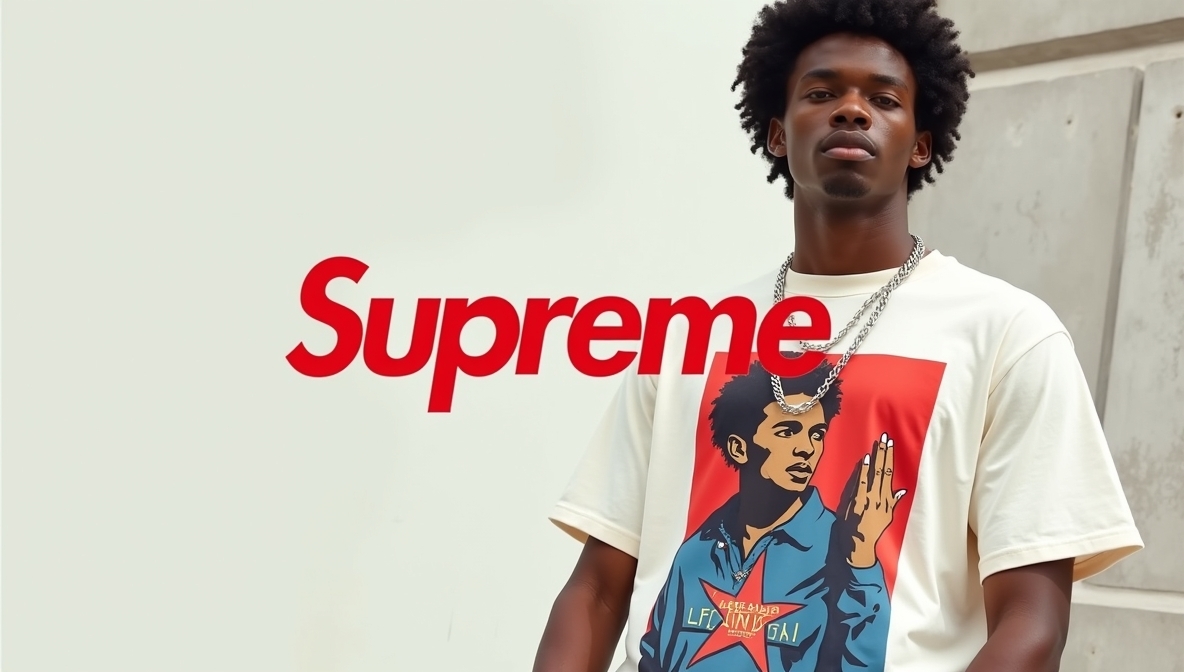Ultra-realistic fashion banner showcasing Supreme streetwear
